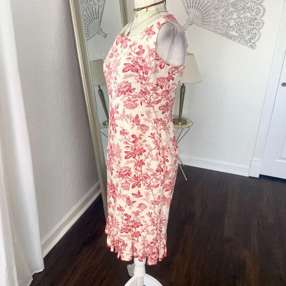 Maggy London Early 2000's Cotton Linen Flower Trumpet Ruffle Midi Dress S / 6 - Picture 4 of 7